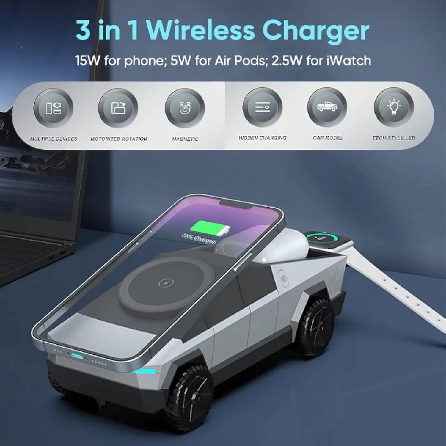 Multifunctional Desktop 3 in1 Motor Rotating Wireless Charging Station