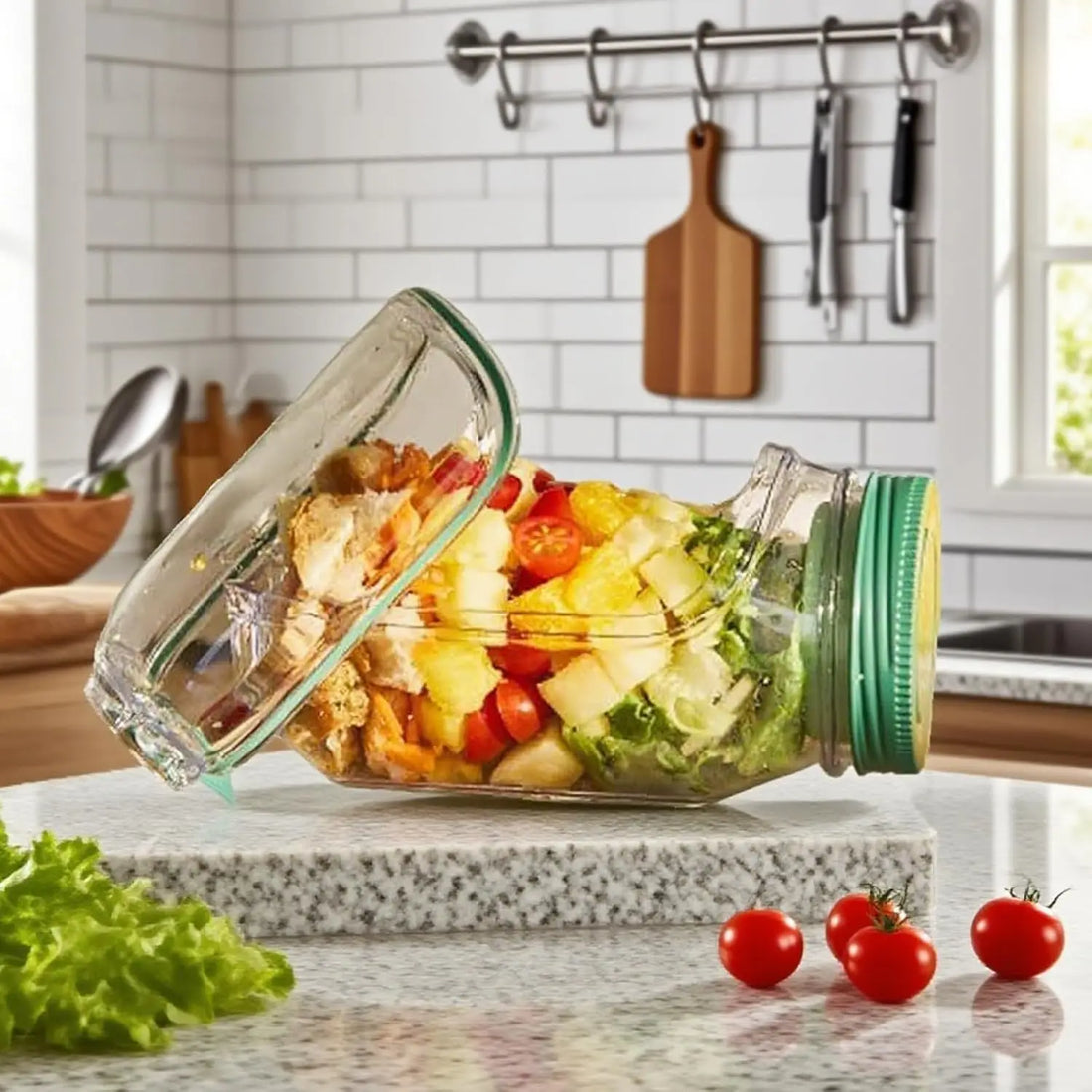 Portable salad container with a side-opening lid