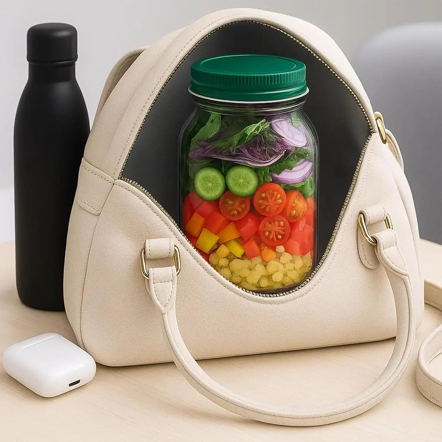 Portable salad container with a side-opening lid