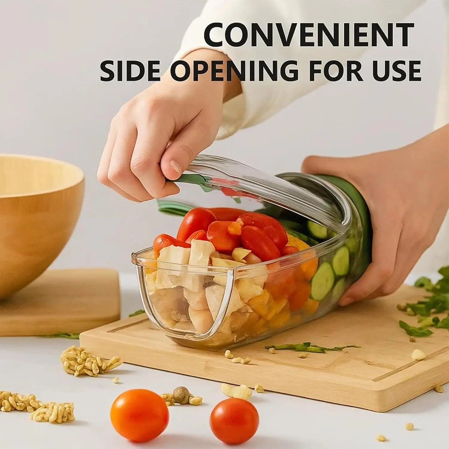 Portable salad container with a side-opening lid